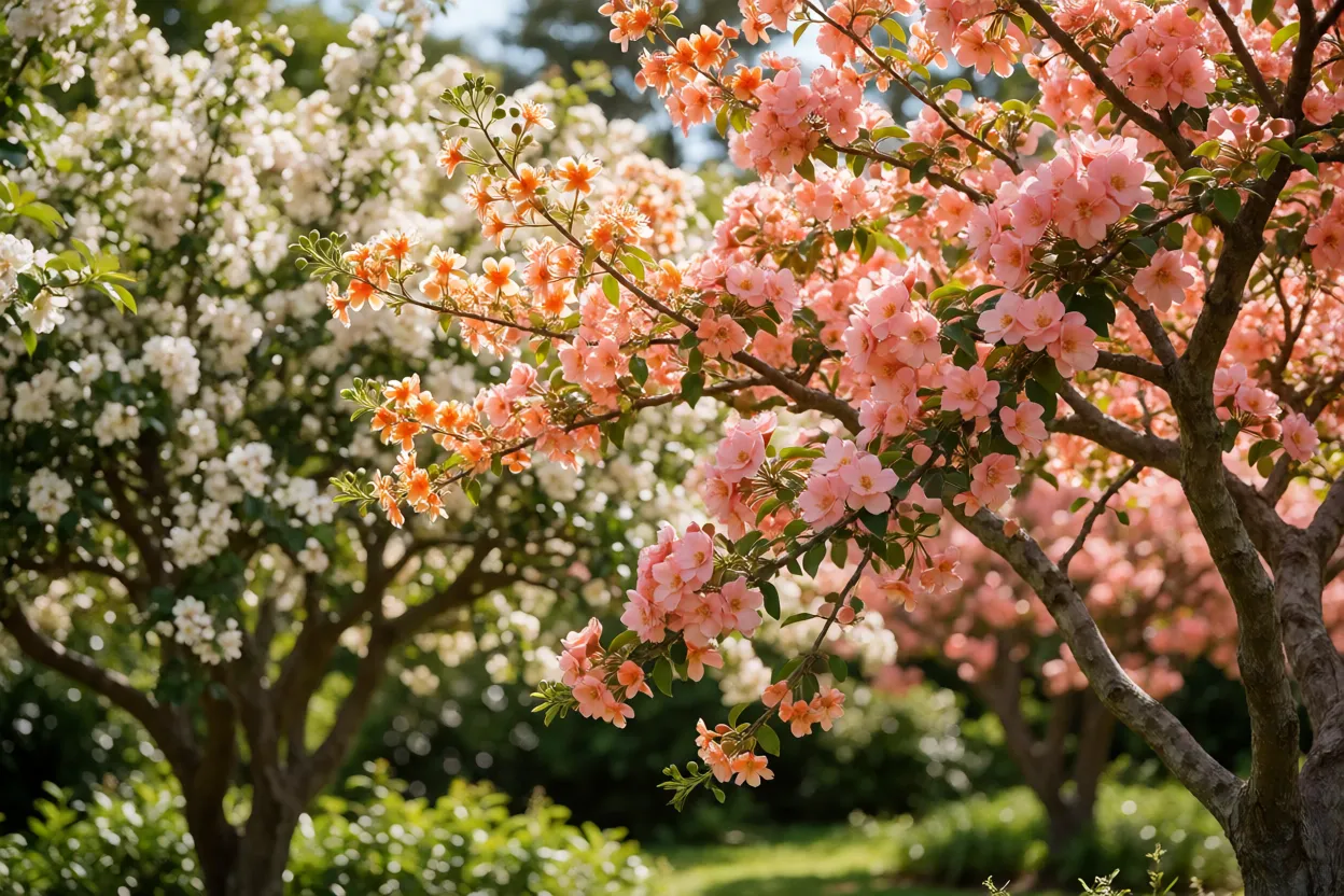 Jardim com &aacute;rvores frut&iacute;feras em flora&ccedil;&atilde;o colorida