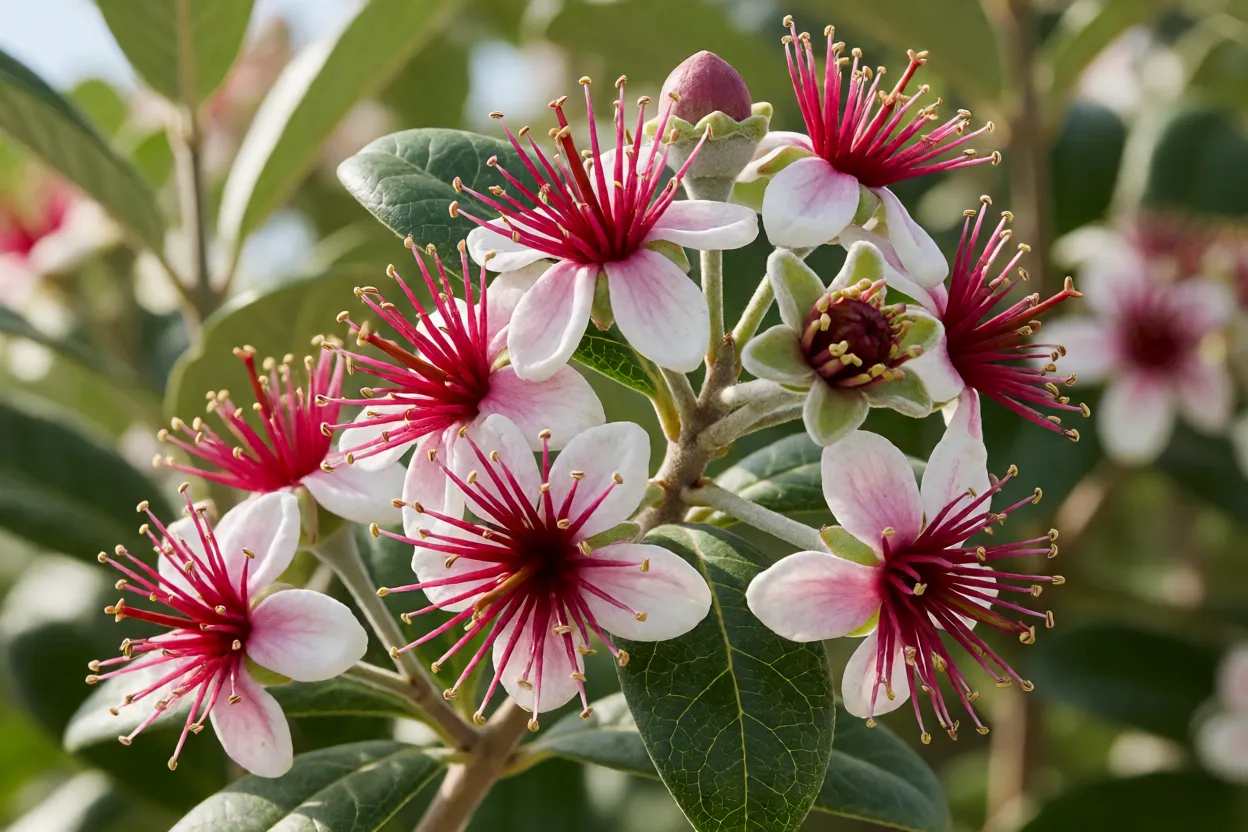 Feijoa com flores de p&eacute;talas rosadas e estames vermelhos