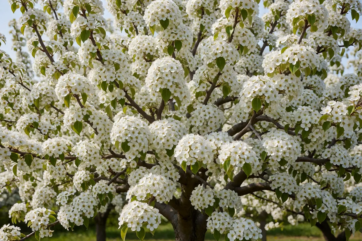 Pereira com flores brancas em cachos densos