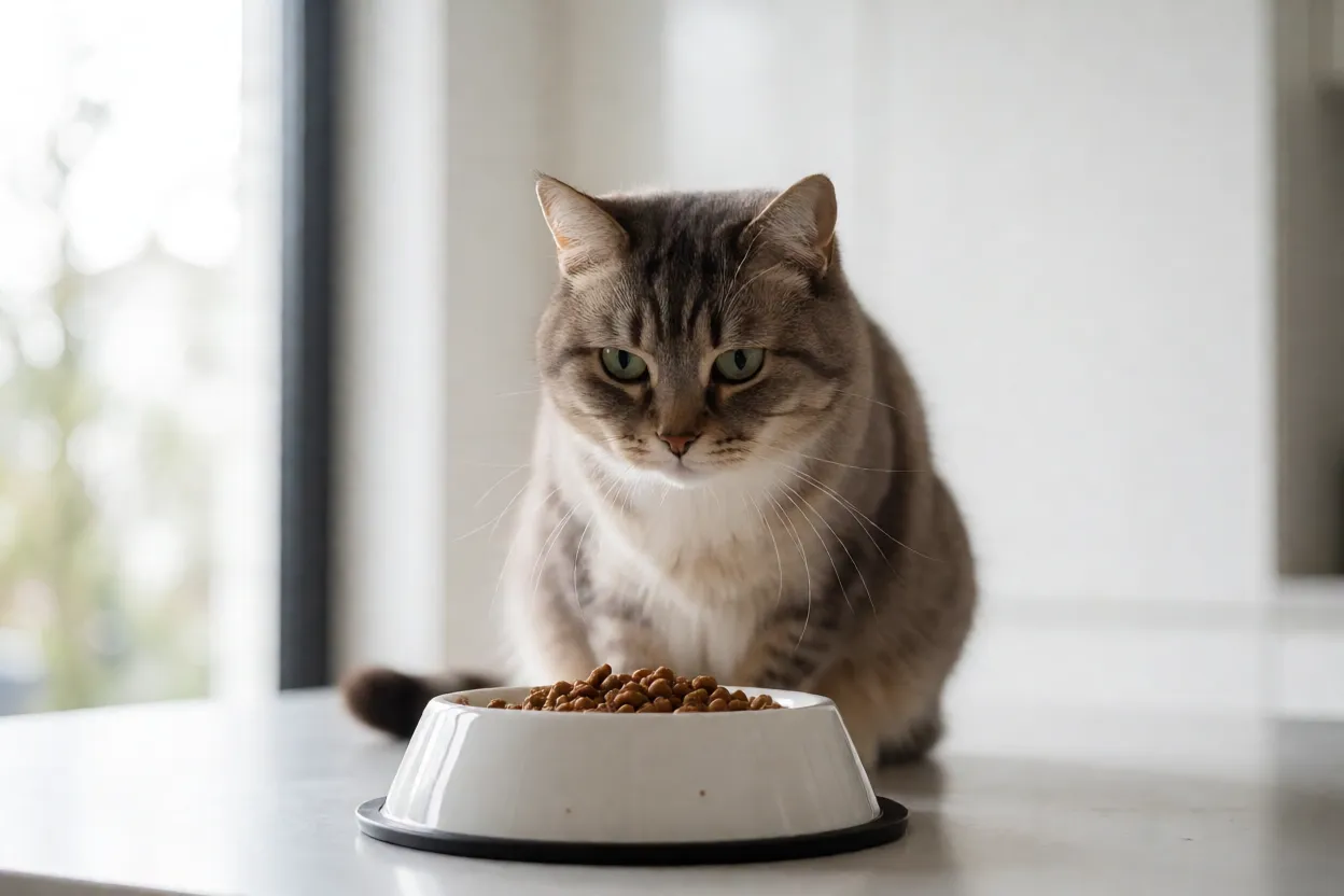 7 Curiosidades Sobre Gatos que Vão Surpreender Você Gato observando tigela de ração seca
