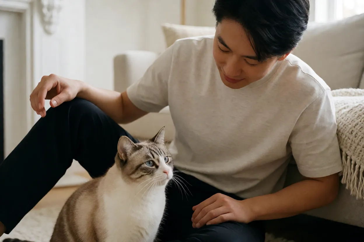 7 Curiosidades Sobre Gatos que Vão Surpreender Você Gato e tutor interagindo em ambiente doméstico