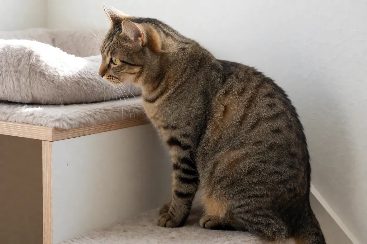 Gato idoso subindo degraus baixos at&eacute; uma cama elevada