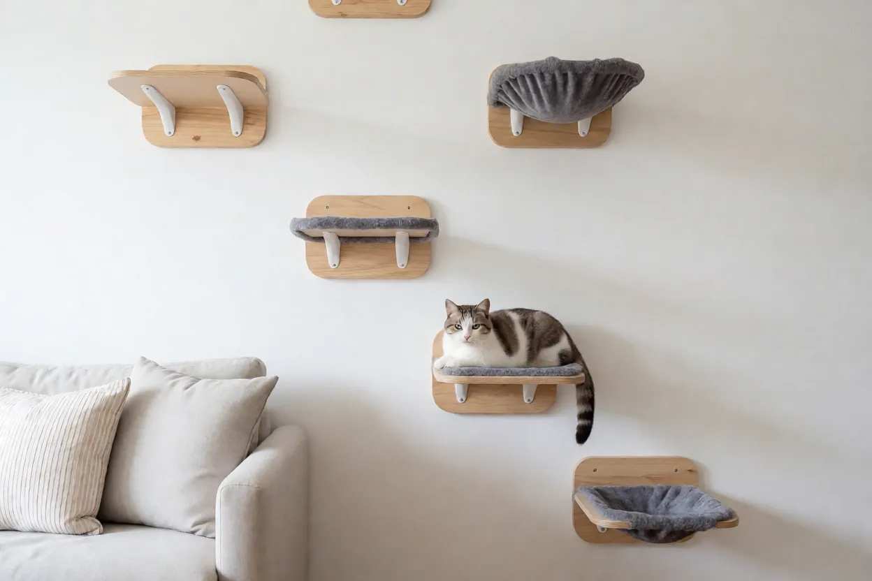 Apartamento compacto com prateleiras verticais para gatos
