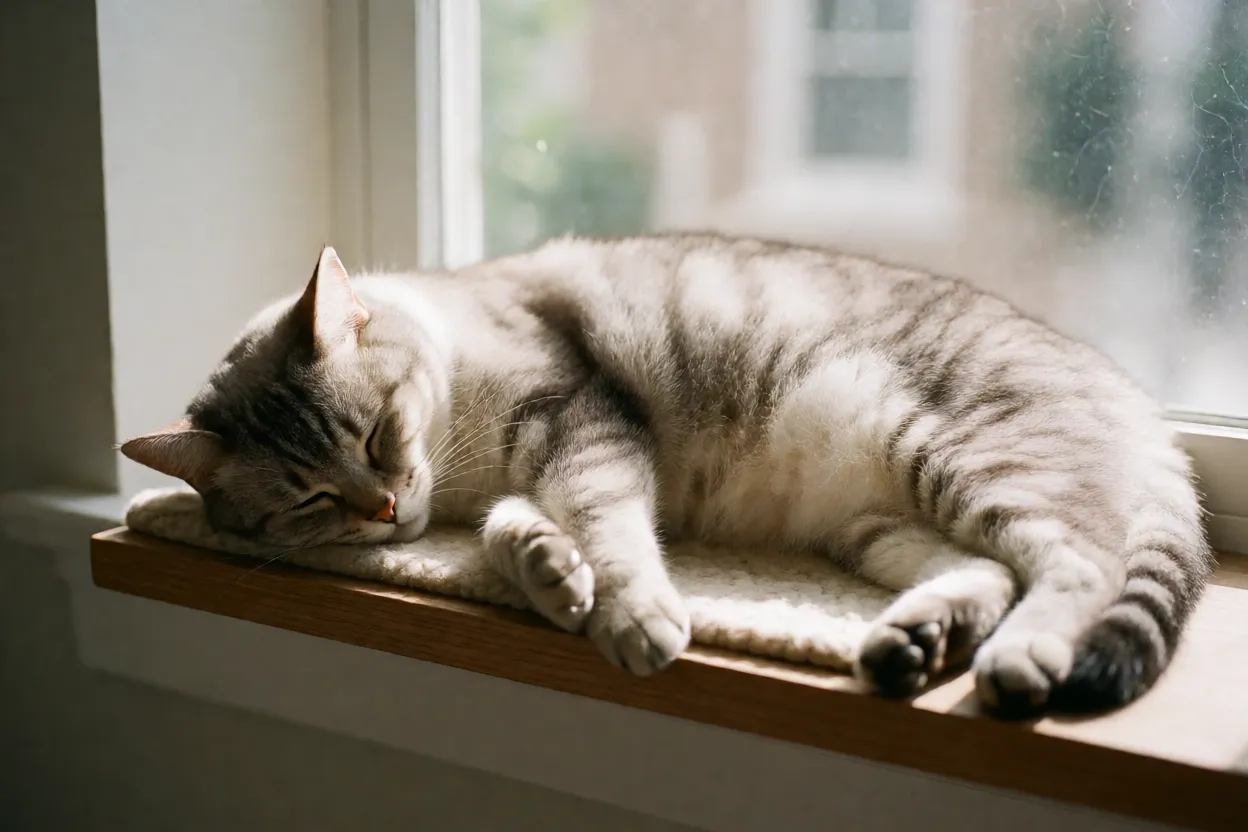Gato relaxado dormindo em posi&ccedil;&atilde;o alongada em local elevado