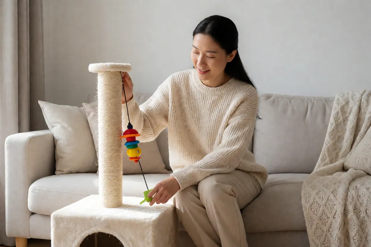 Tutor limpando arranhador e trocando brinquedos de gato