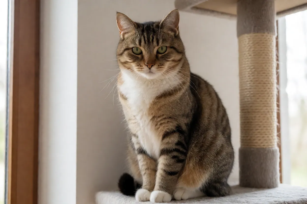 Gato feliz e relaxado em ambiente dom&eacute;stico bem adaptado