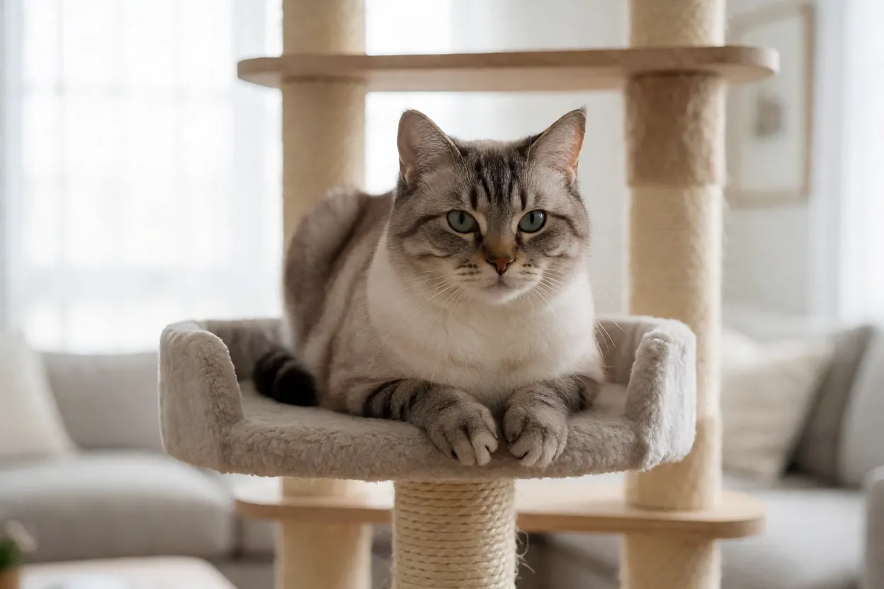 Gato descansando no topo de uma &aacute;rvore de gato alta e firme