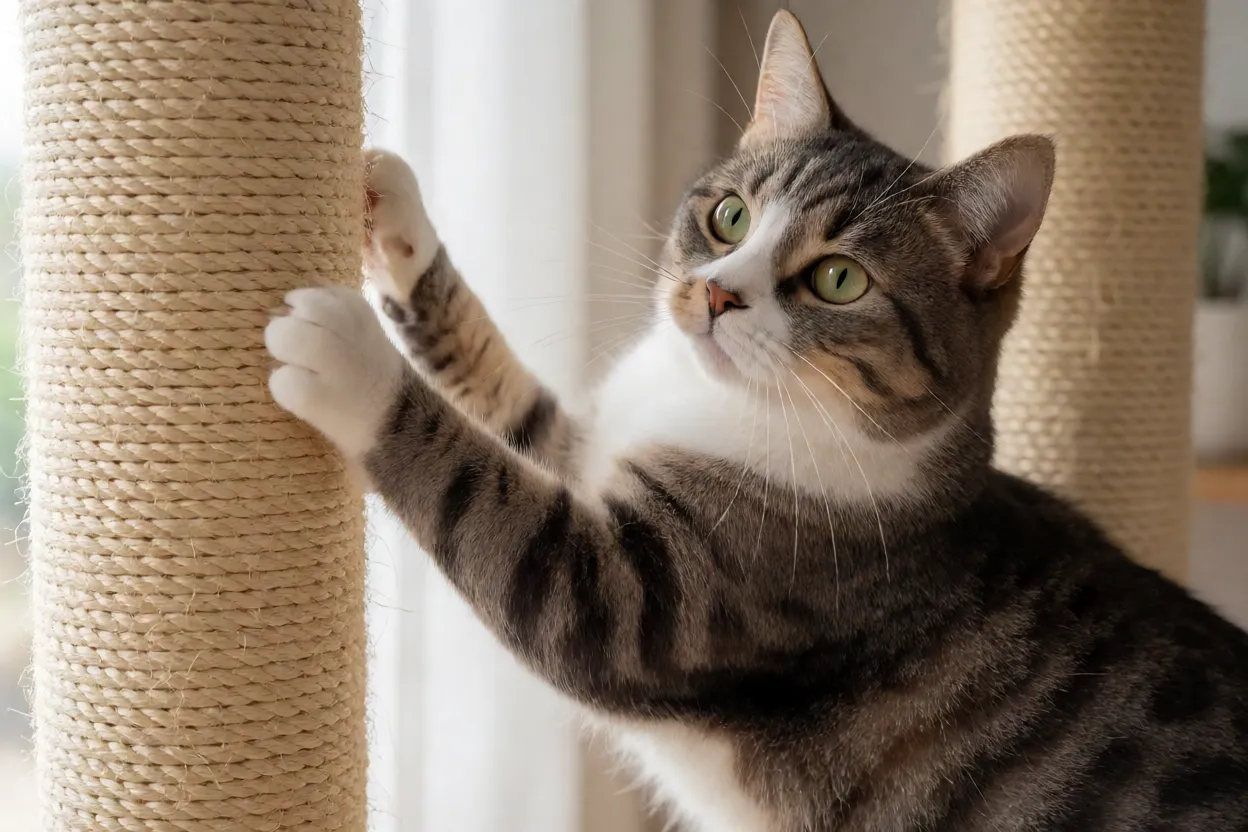Gato adulto arranhando poste vertical de sisal alto