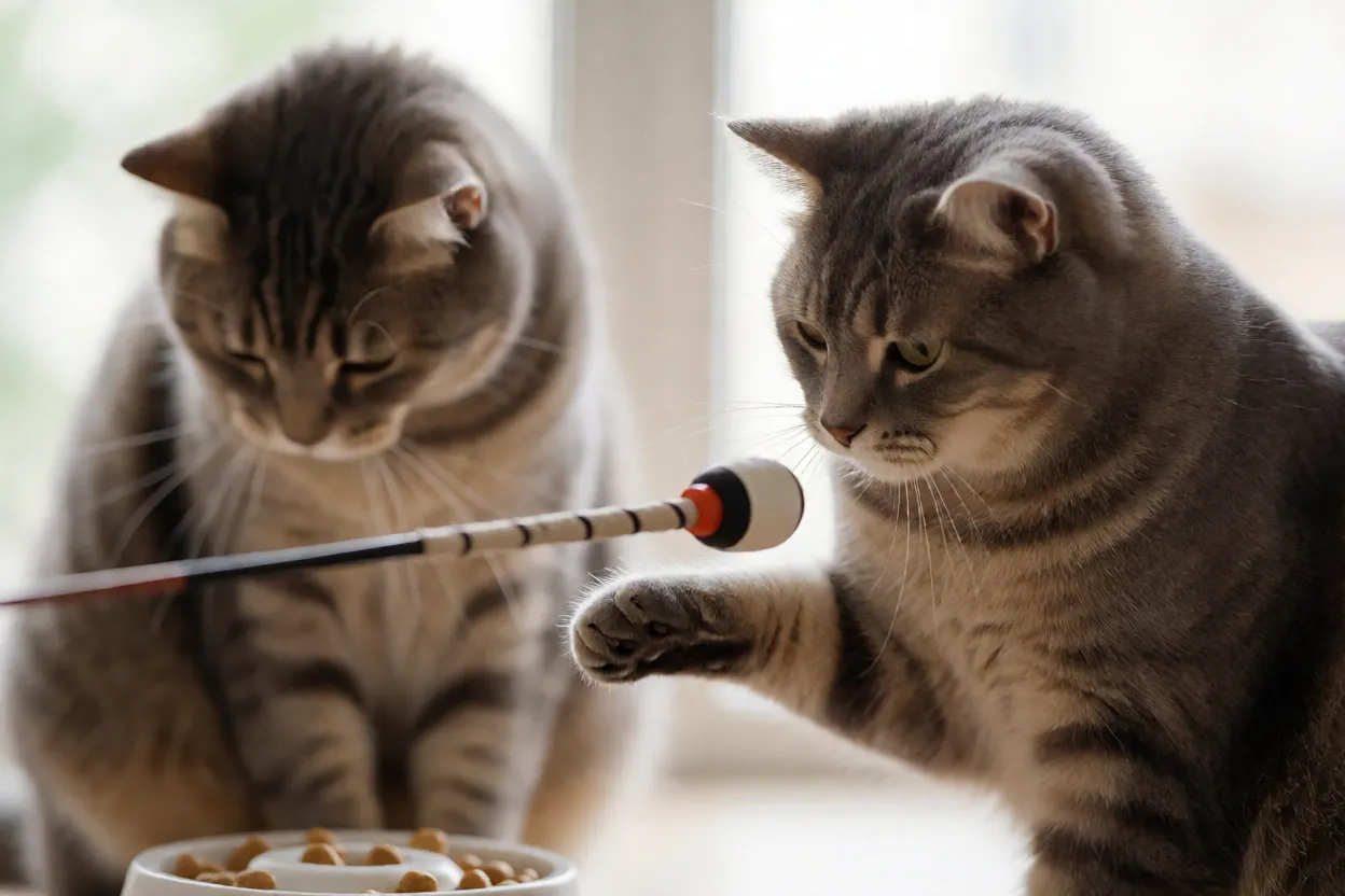 Gato interagindo com brinquedo de varinha e puzzle feeder