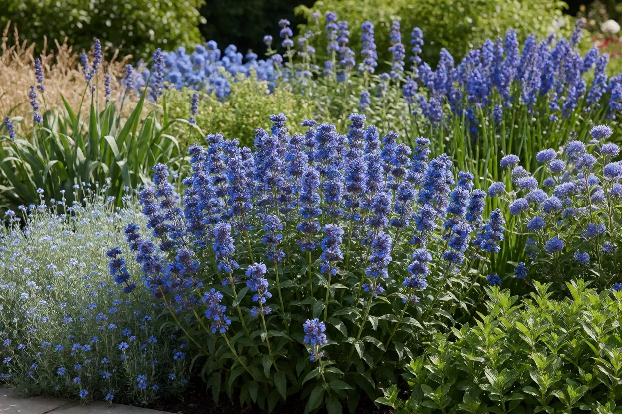 Flores azuis diferentes em um jardim ensolarado
