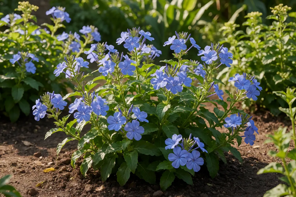 Jardim com flores azuis em clima quente