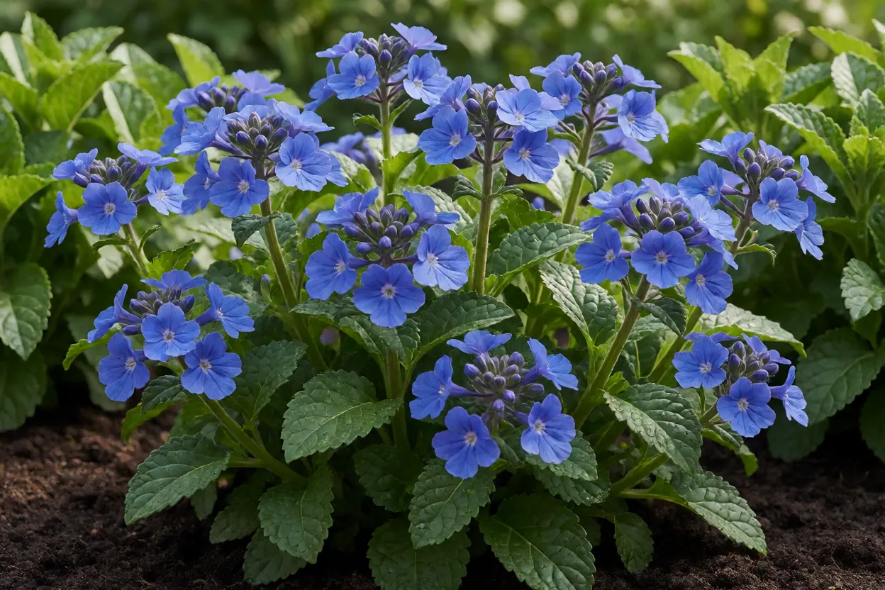 Folhagem e flores azuis sendo avaliadas no jardim