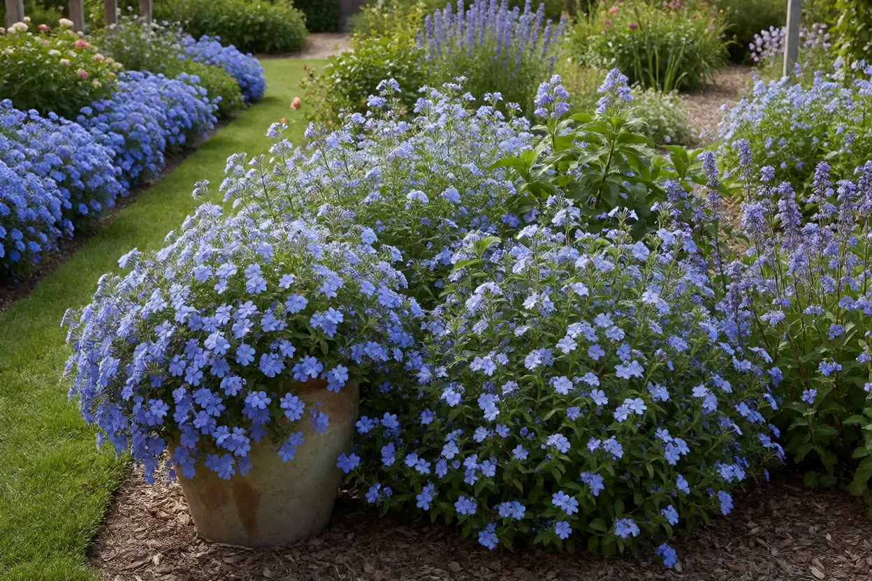 Diferentes estilos de jardim com flores azuis