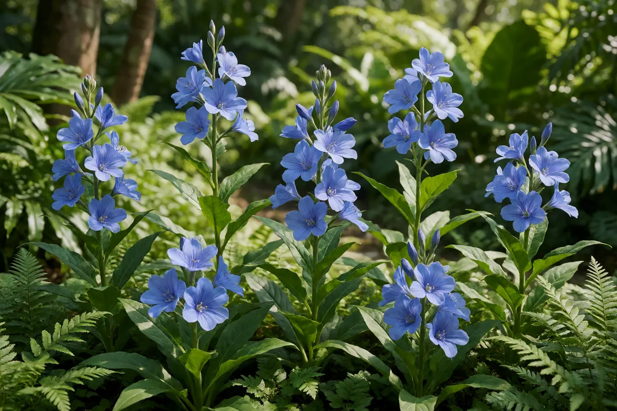 Sete flores azuis cultivadas em jardim ornamental