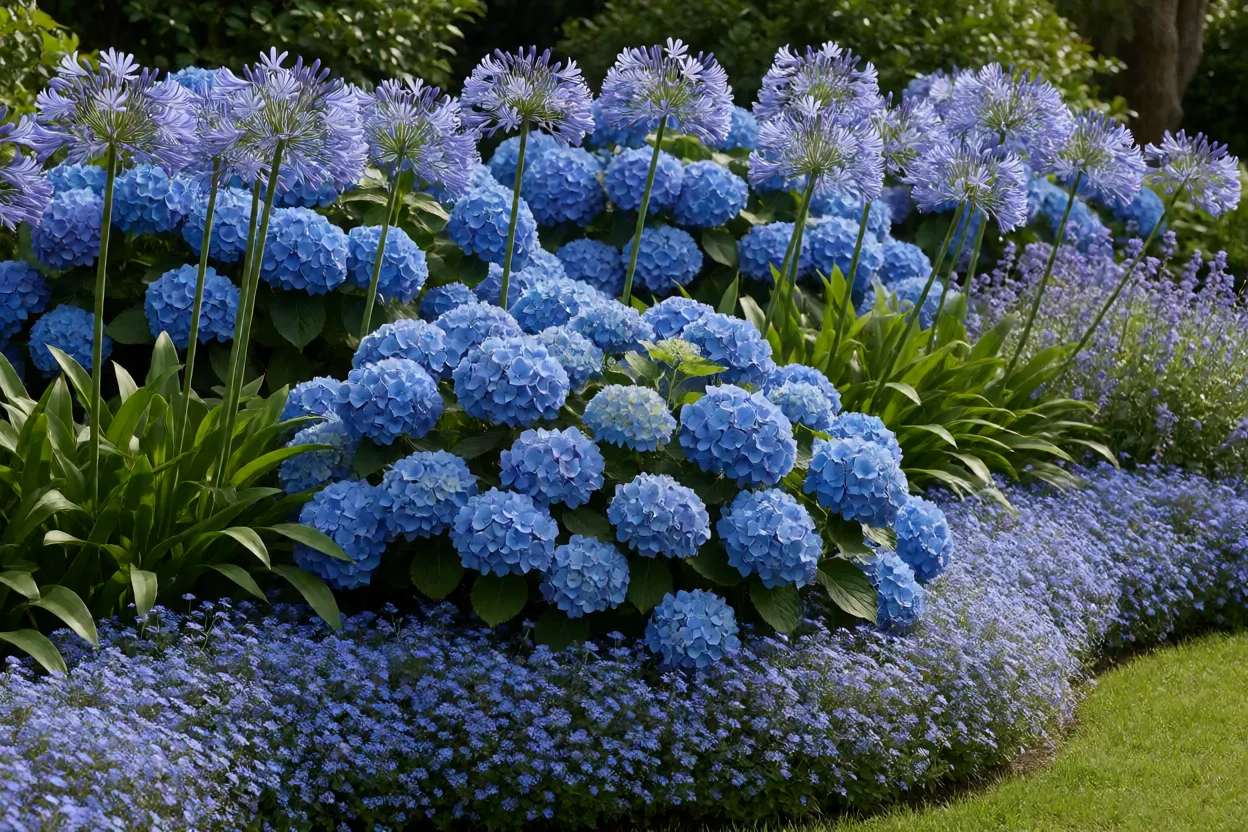 Jardim ornamental com flores azuis em destaque