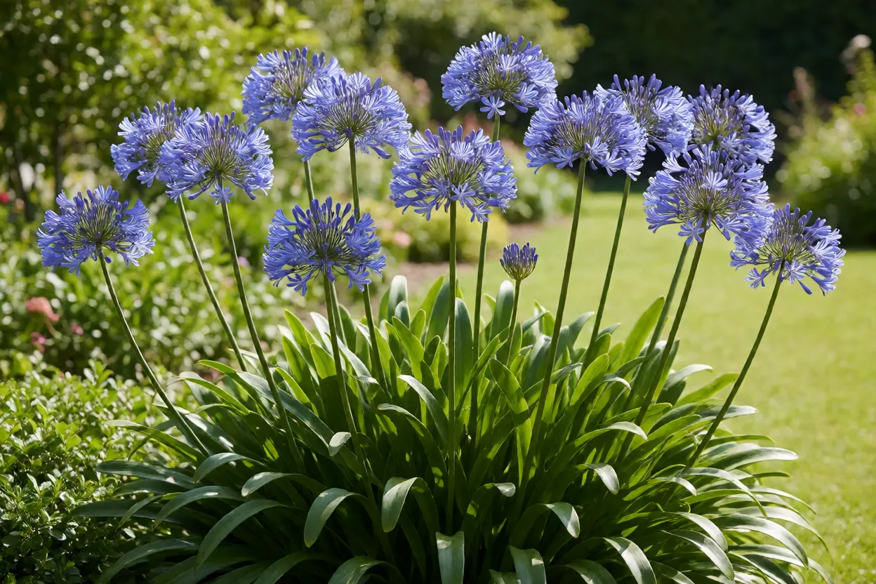 Agapanto com flores azuis em jardim ensolarado