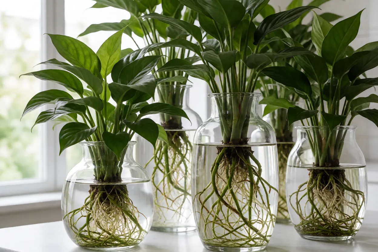 Recipientes de vidro com plantas de interior crescendo apenas em &aacute;gua em ambiente iluminado