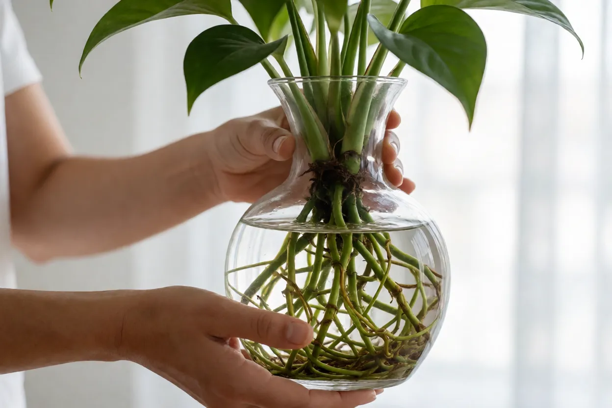 Pessoa trocando a &aacute;gua de plantas em recipientes de vidro
