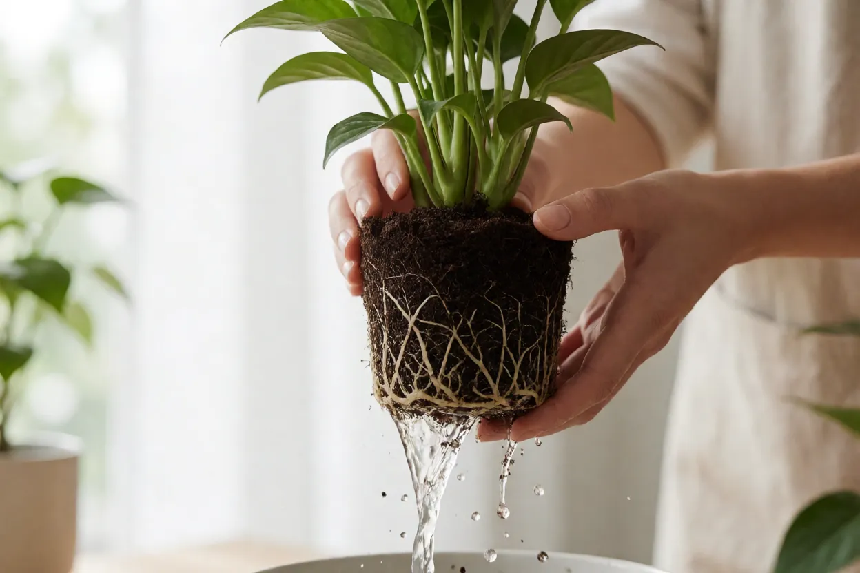 Ra&iacute;zes de planta sendo lavadas para transi&ccedil;&atilde;o de solo para &aacute;gua