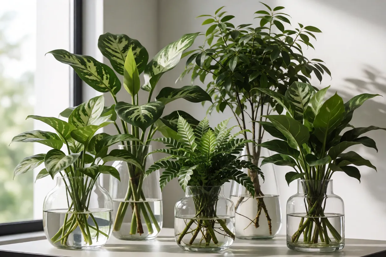 Ambiente limpo com plantas de interior cultivadas apenas em &aacute;gua
