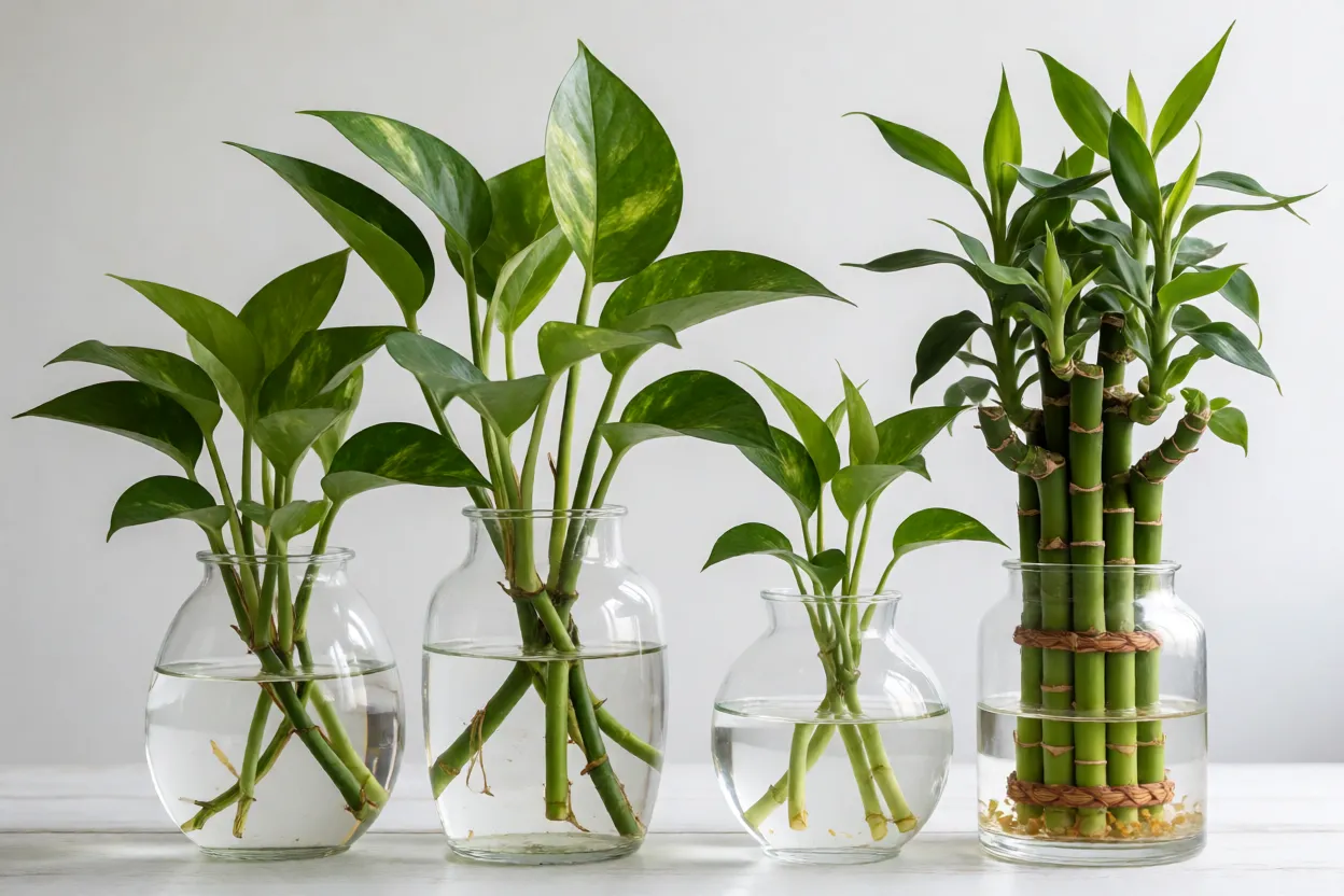 Comparativo de crescimento de jiboia e bambu-da-sorte em &aacute;gua