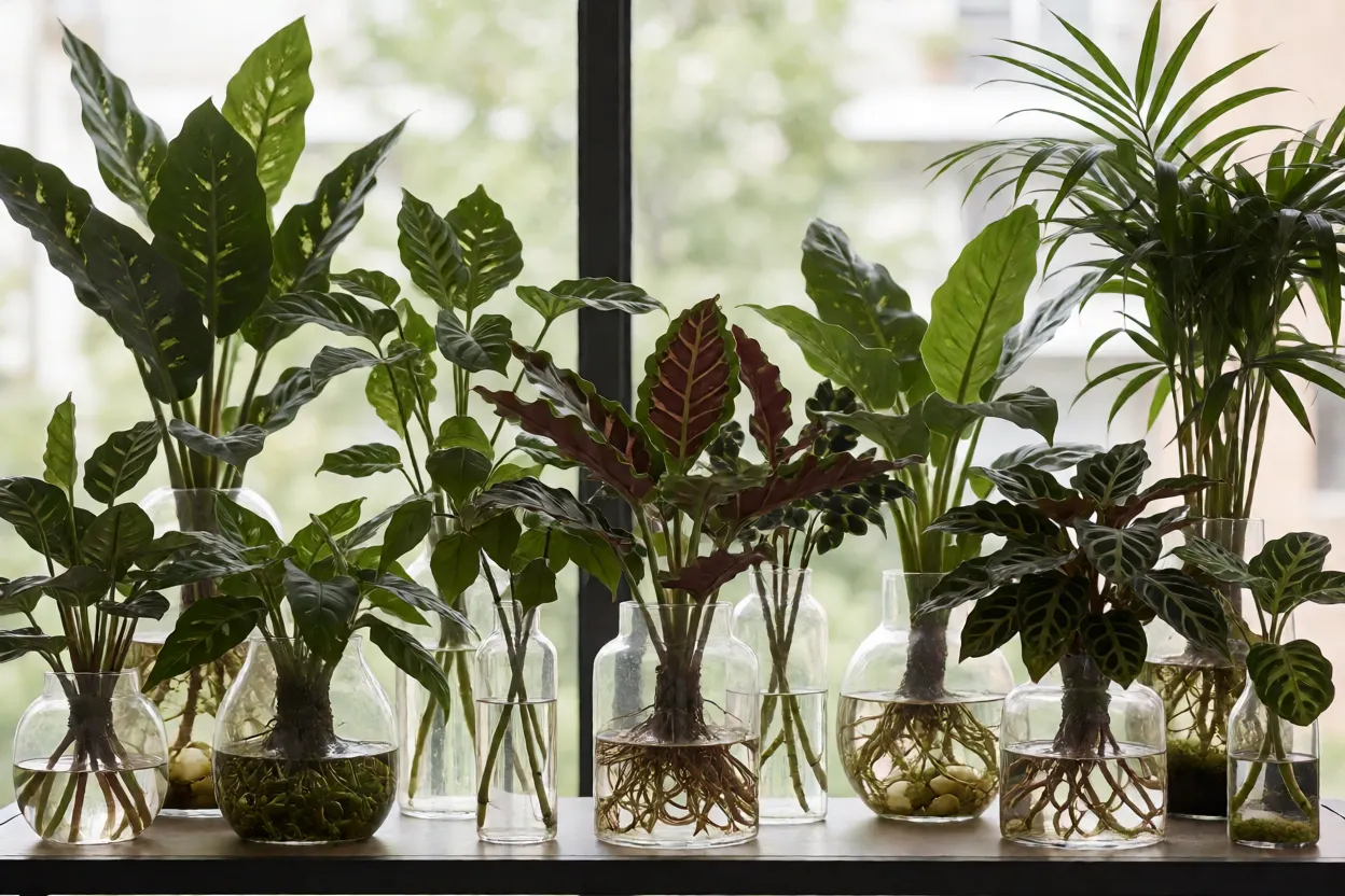 Composi&ccedil;&atilde;o de diferentes plantas de interior em &aacute;gua em uma prateleira