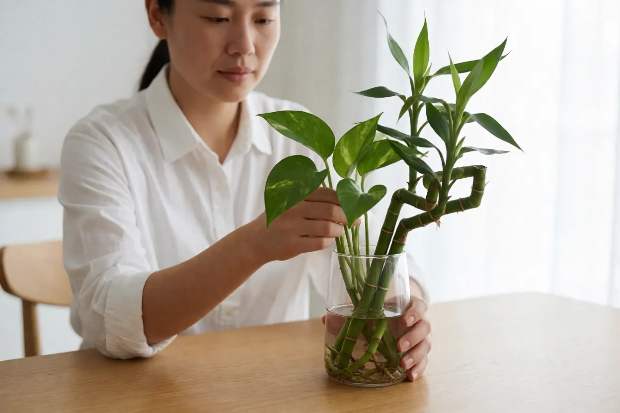 Pessoa escolhendo plantas de interior em recipientes de vidro com &aacute;gua