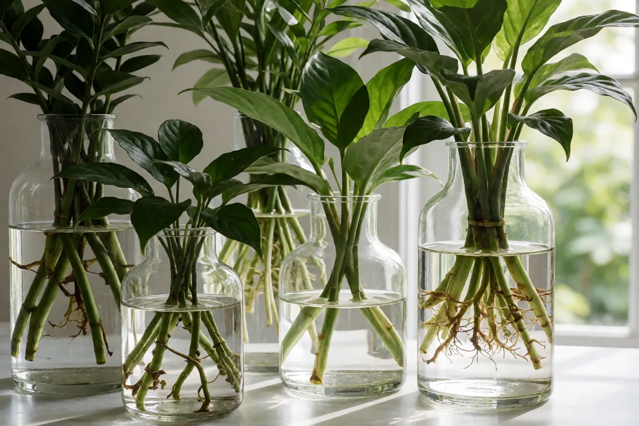 Plantas de interior em &aacute;gua em ambiente de inverno e ver&atilde;o