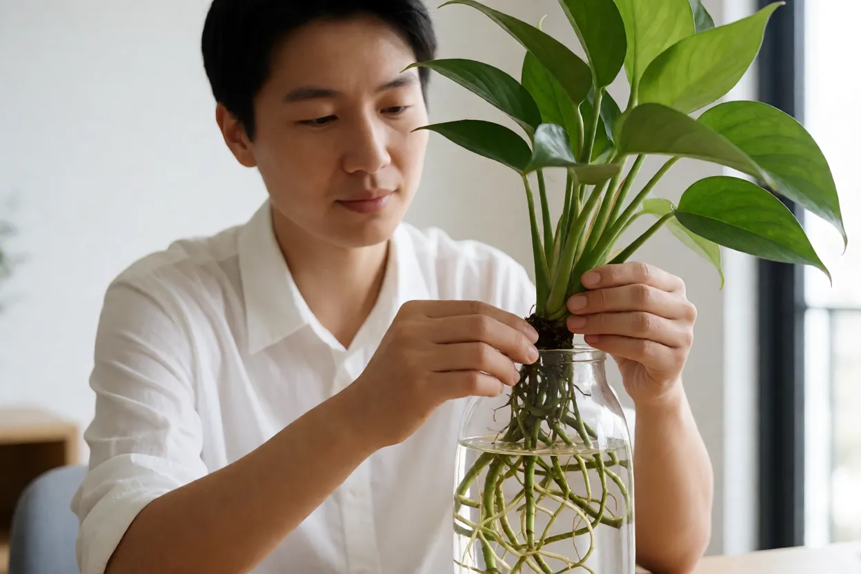 Pessoa observando ra&iacute;zes de plantas em cultivo aqu&aacute;tico