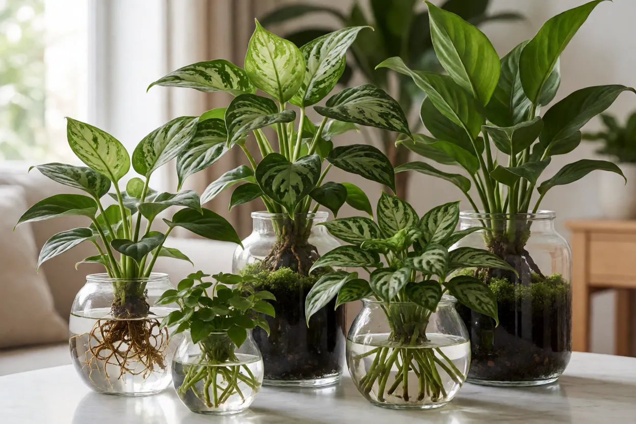 Ambiente aconchegante com v&aacute;rias plantas de interior cultivadas em &aacute;gua