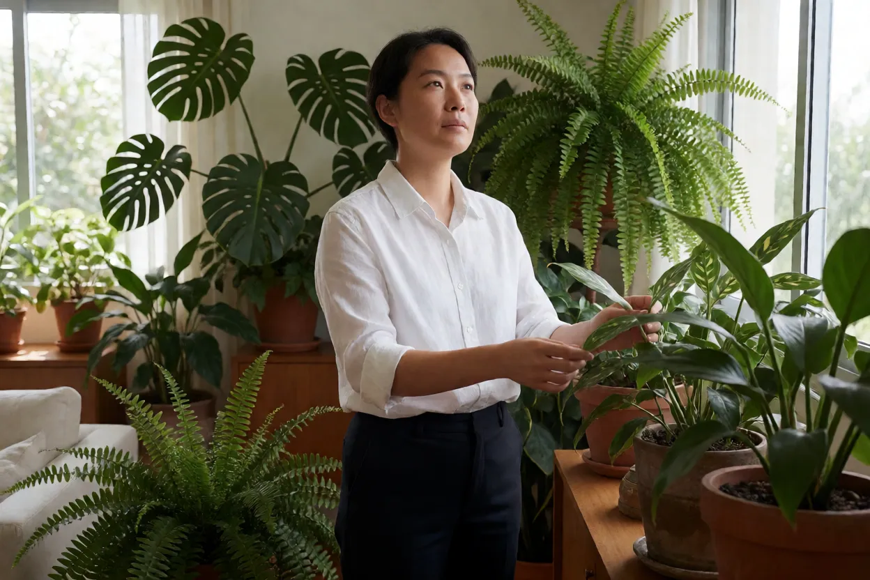 Pessoa avaliando luz e espa&ccedil;o para plantas de interior em sala brasileira