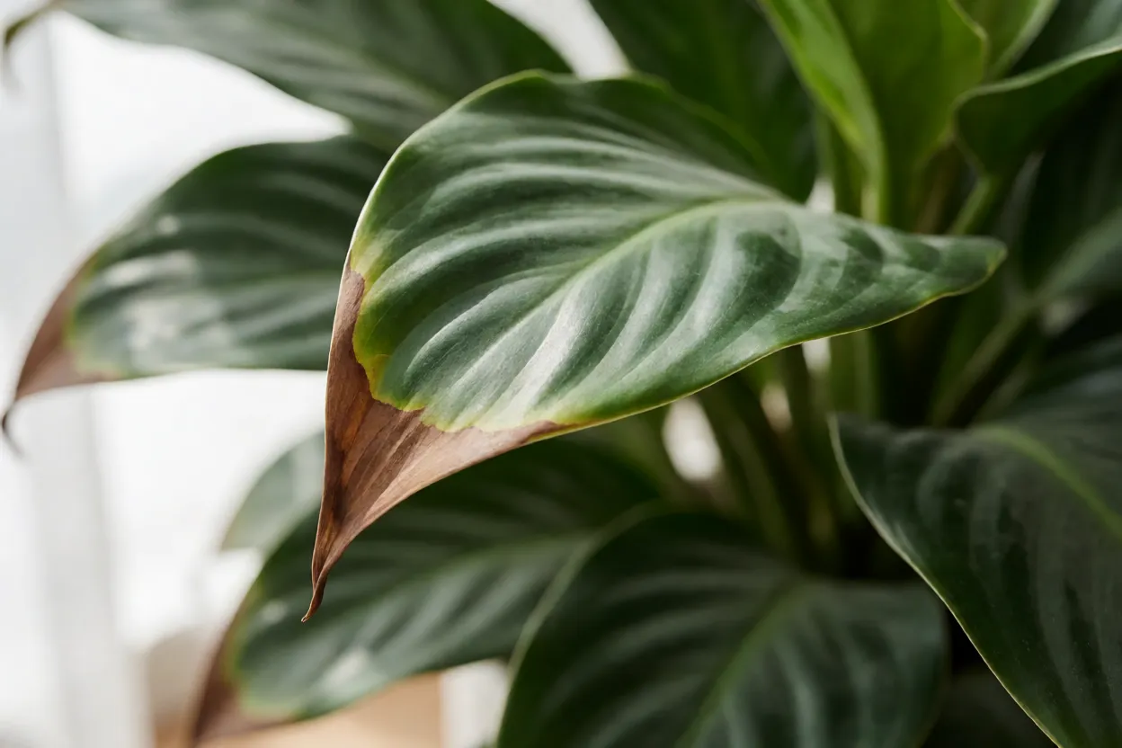 Folhas de plantas de interior com sinais de estresse por baixa umidade