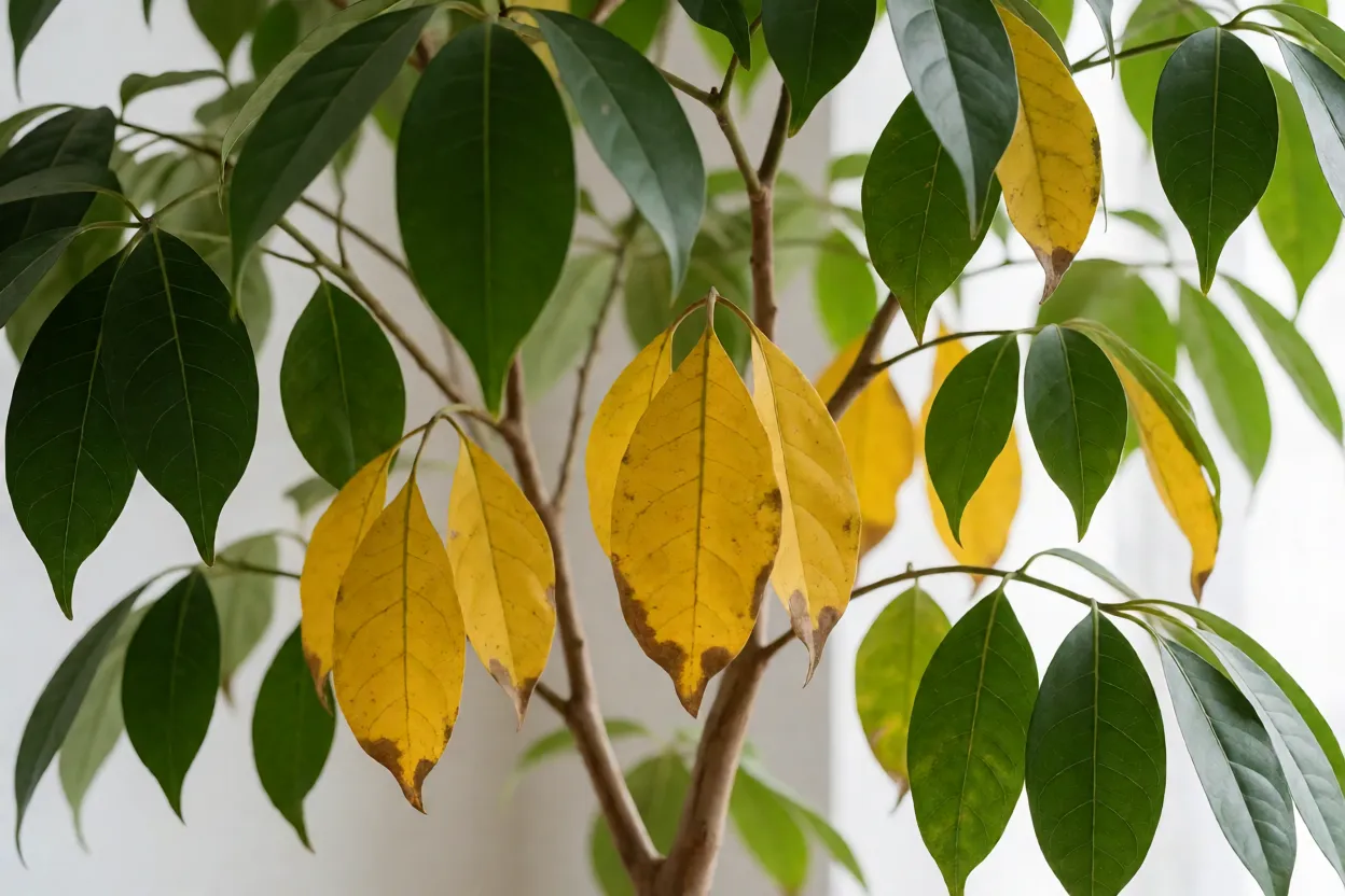 Folhas amareladas e caindo de planta de interior