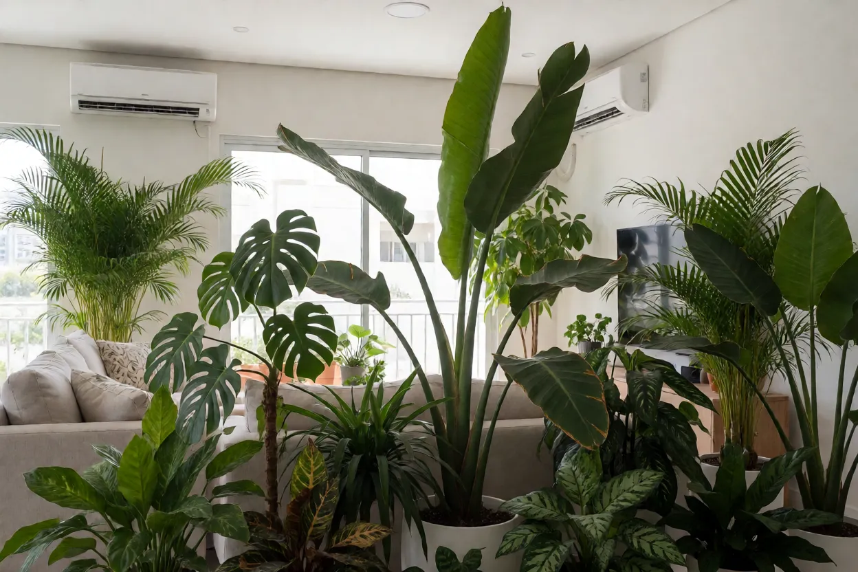 Ambiente interno brasileiro com ar-condicionado e plantas