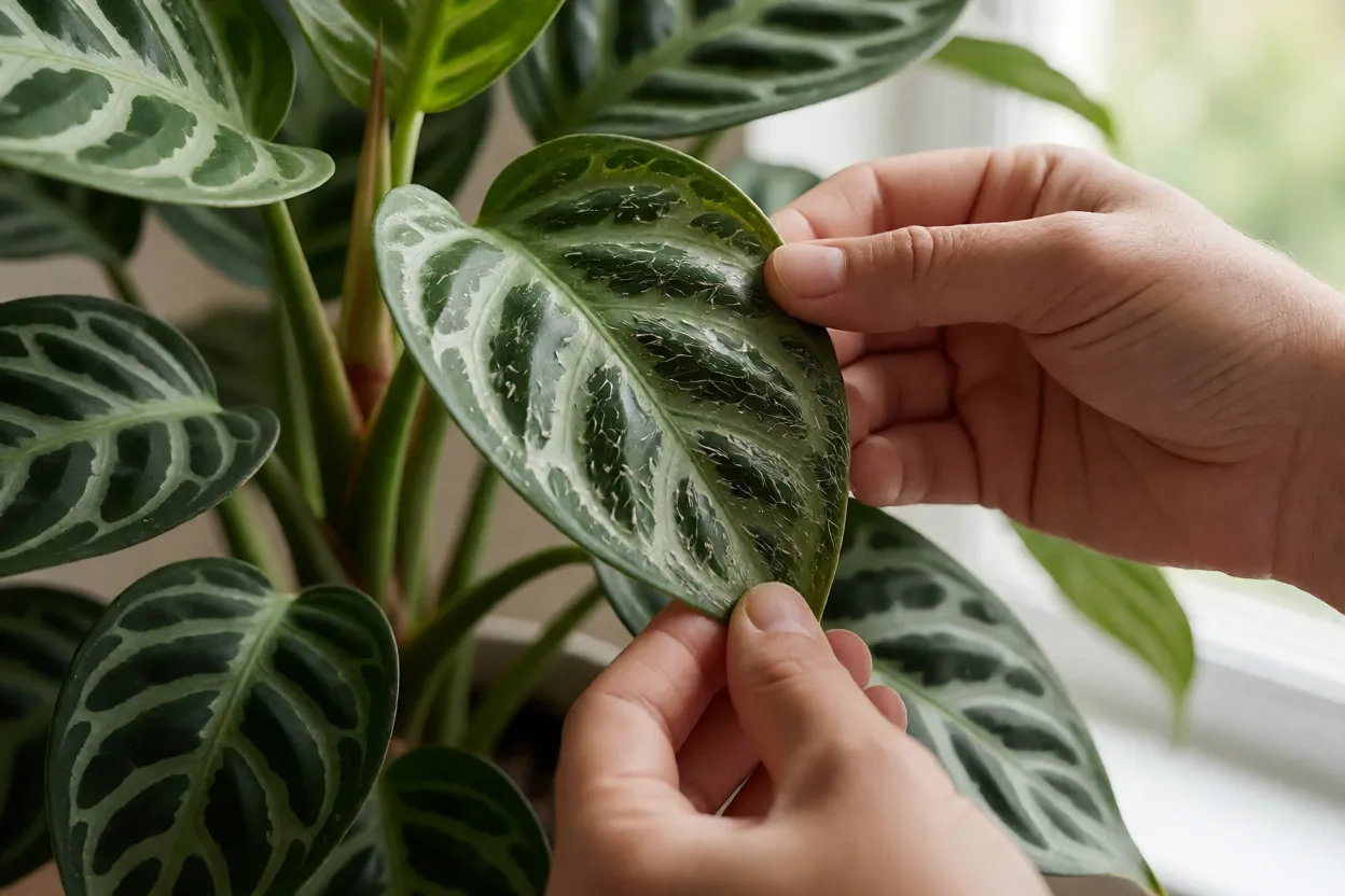 Inspe&ccedil;&atilde;o de folhas de planta de interior em busca de &aacute;caros