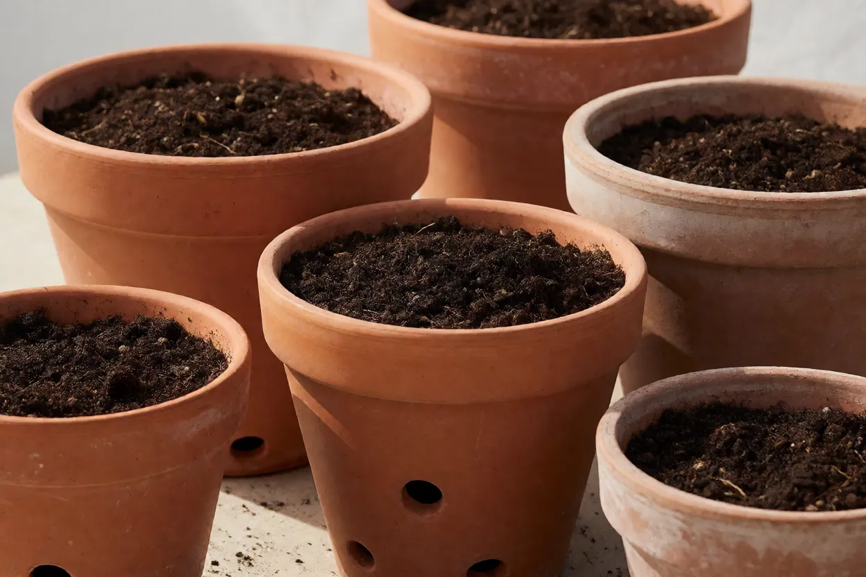Vasos de tamanhos diferentes preparados para flores de primavera