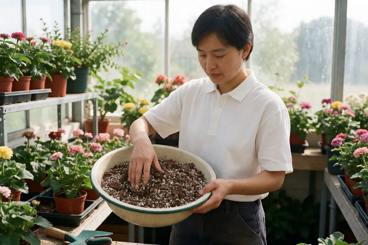 Substrato leve e drenante sendo preparado para plantar flores em vasos