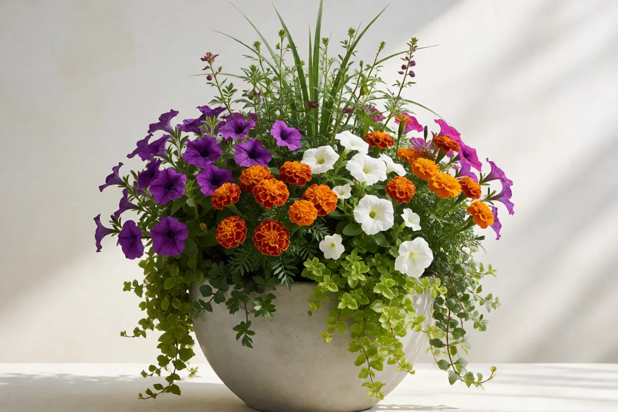 Composi&ccedil;&atilde;o de diferentes flores coloridas em um grande vaso