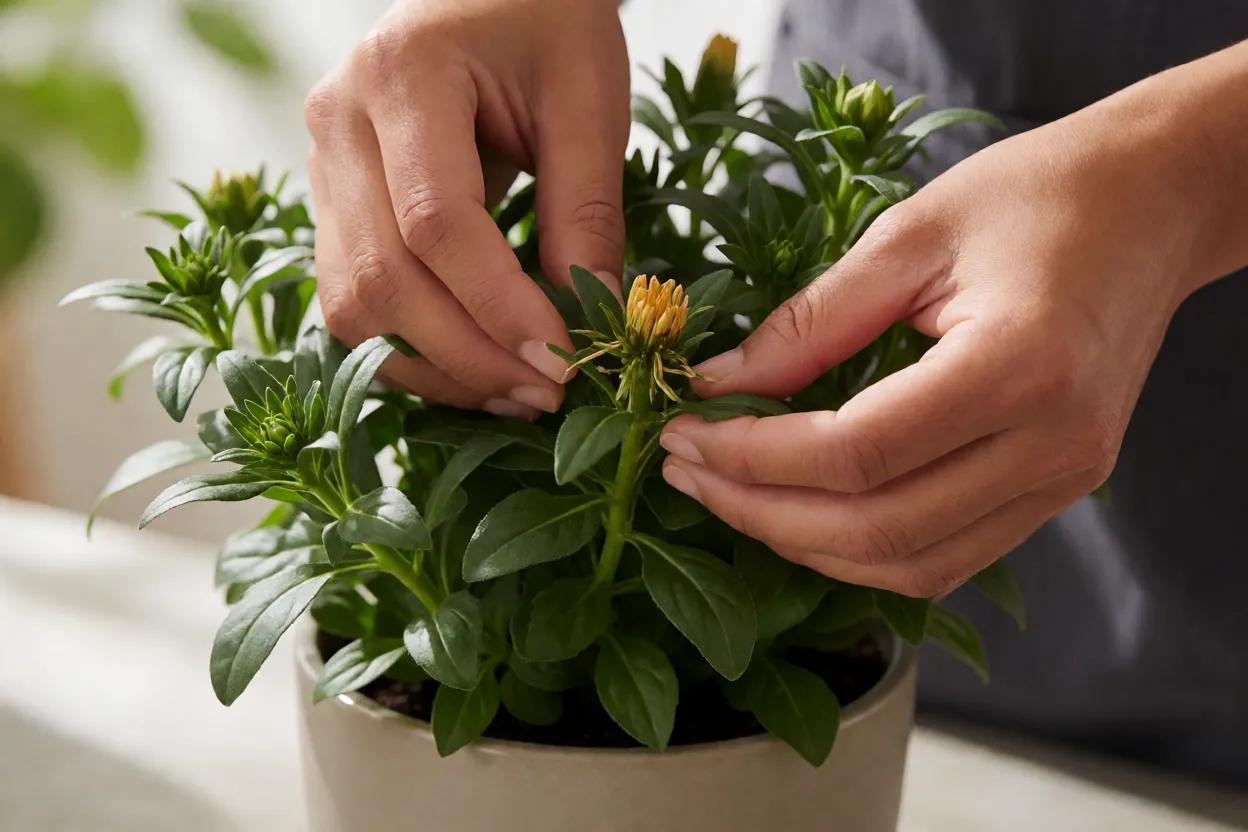 Poda de flores secas em plantas cultivadas em vasos