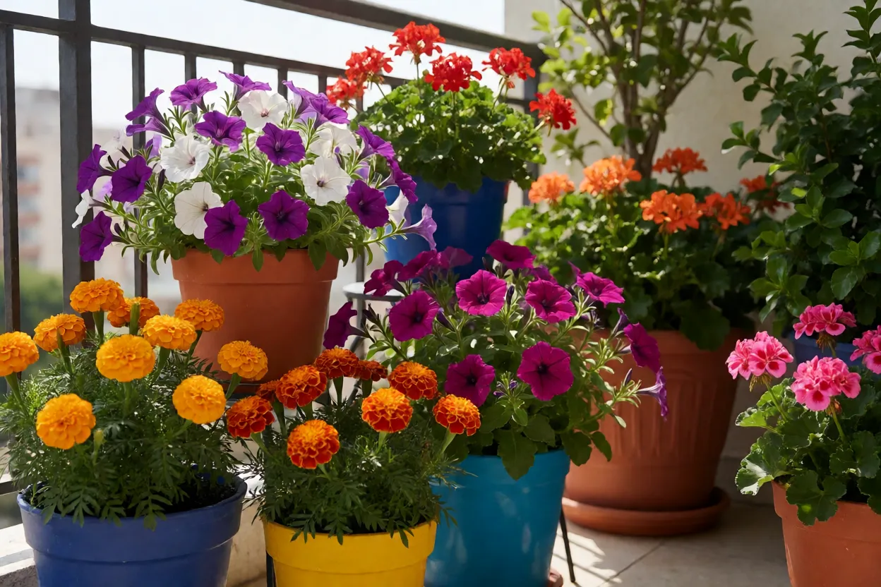 Varanda ensolarada decorada com vasos de pet&uacute;nias tagetes e ger&acirc;nios