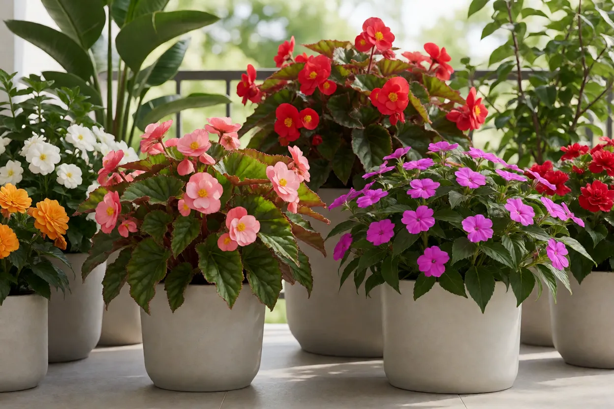 Beg&ocirc;nias e impatiens florescendo em varanda de meia-sombra
