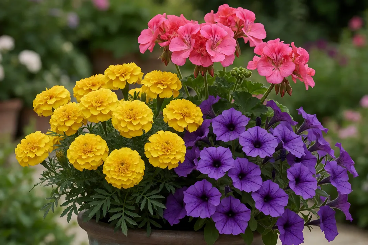 Composi&ccedil;&atilde;o equilibrada de vasos com flores em cores contrastantes