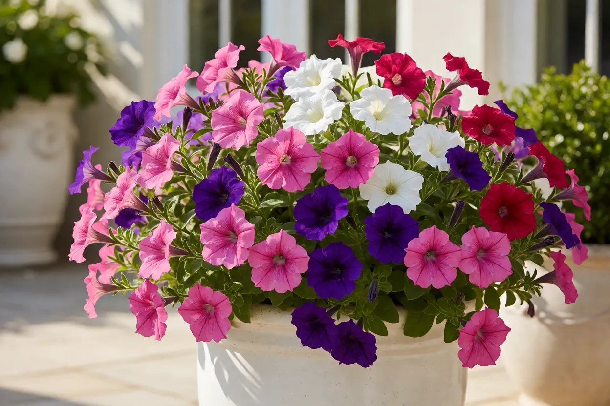 Pet&uacute;nias coloridas florescendo em vaso na primavera