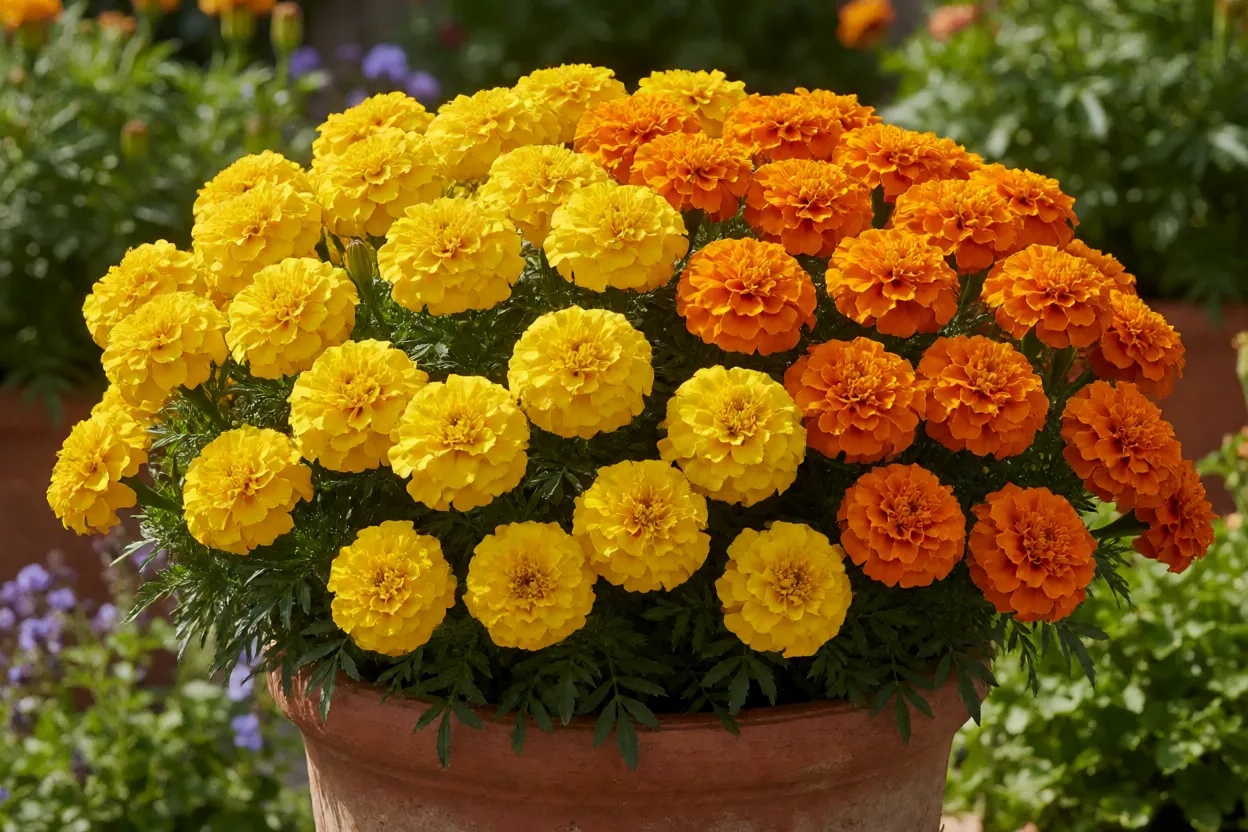 Tagetes amarelos e laranjas cultivados em vaso
