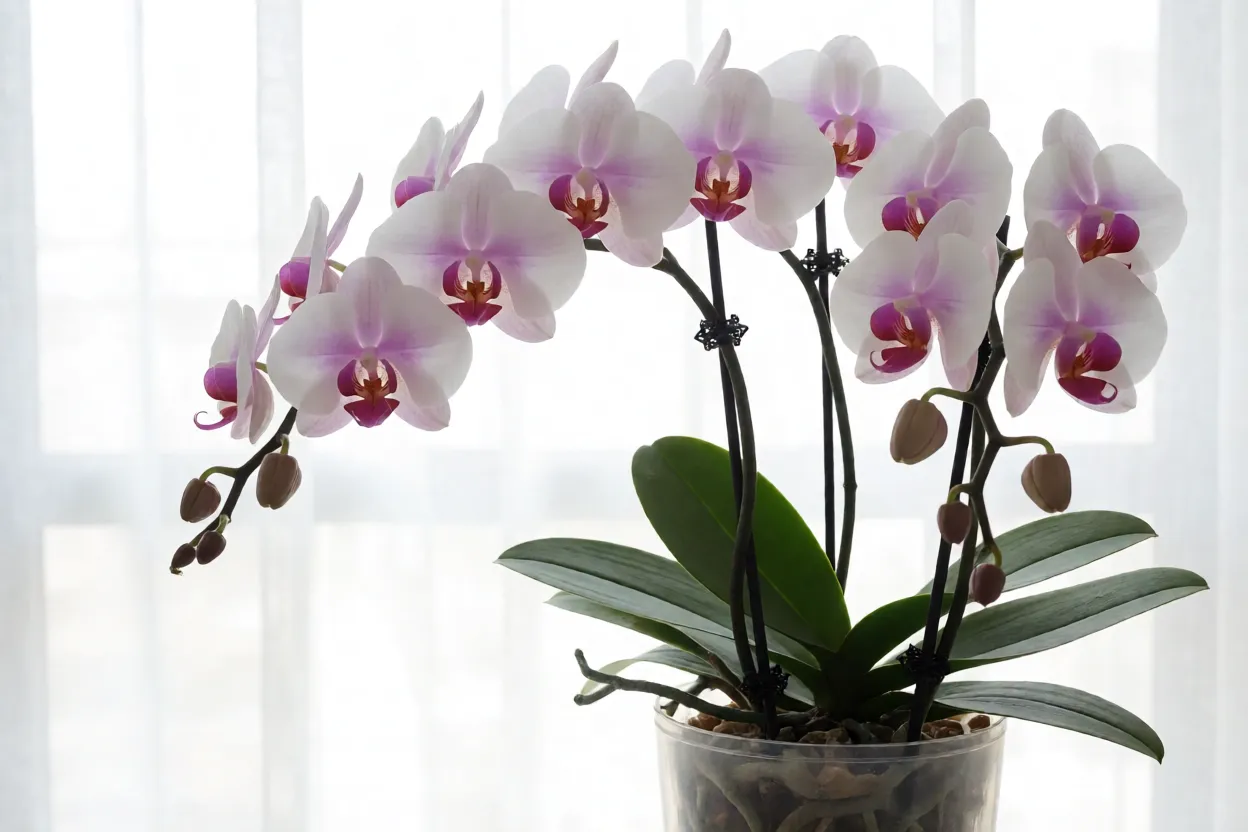 7 plantas floridas para interiores que vão alegrar sua casa Orquídea Phalaenopsis florida em vaso transparente dentro de casa