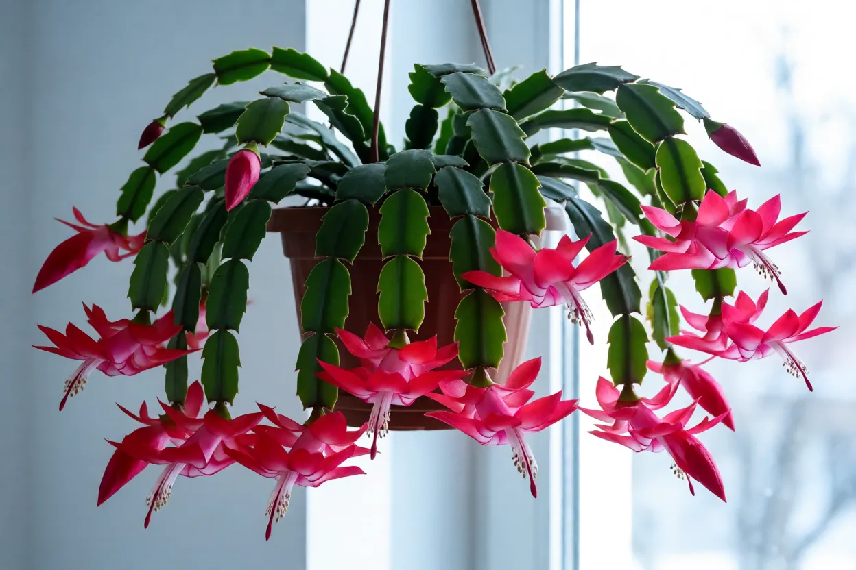 7 plantas floridas para interiores que vão alegrar sua casa Cacto-de-Natal florido com flores rosas dentro de casa