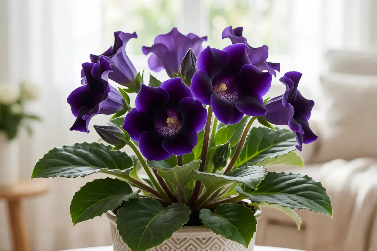 7 plantas floridas para interiores que vão alegrar sua casa Gloxínia florida com flores roxas em vaso dentro de casa