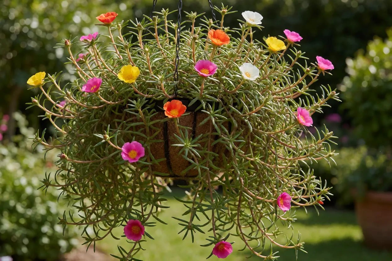 Portulaca grandiflora florida em cesto suspenso ensolarado