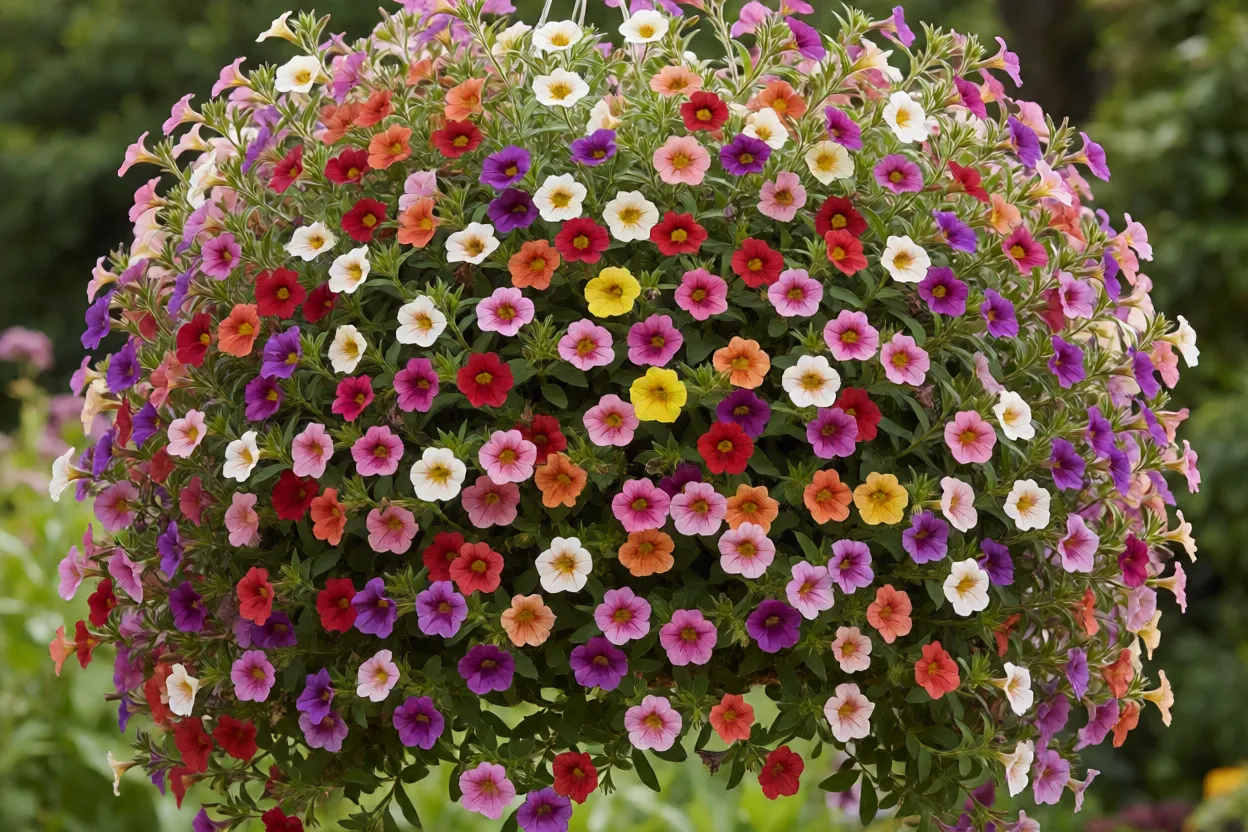 Calibrachoa cheia de pequenas flores em cesto suspenso