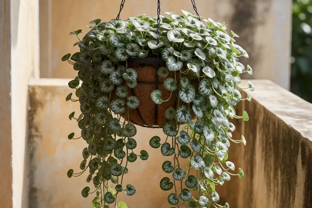 Dichondra Silver Falls formando uma longa cascata prateada em cesto